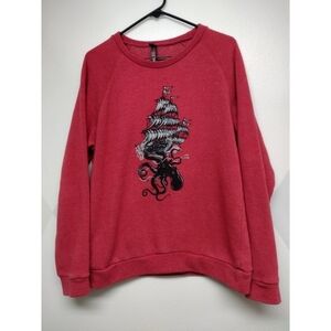 Easy Wear red distressed sweatshirt with ship/kraken sea scene